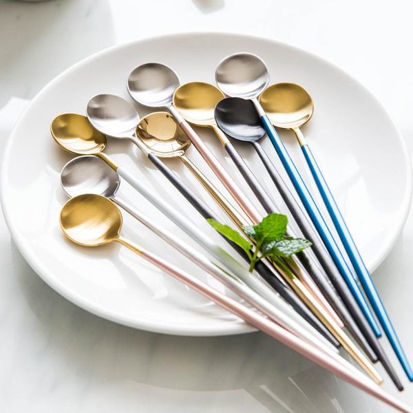 

spoons korean stainless steel golden serving spoon set long handled ice stirring dinnerware big coffee scoops