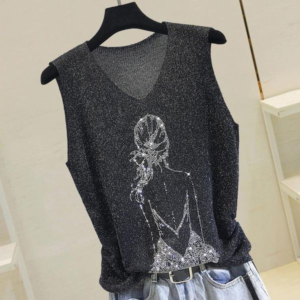 

summer tank women thin bright silk knitted shirt new fashion girl lady geometric rhinestones sleeveless vest outwear female, White