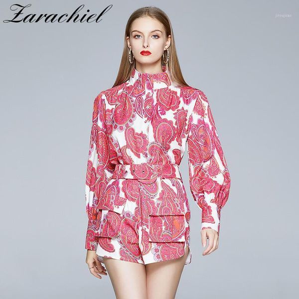 

runway retro print holiday shorts set women stand lantern sleeve shirts blouses + pocket belt mini pant set female 2 piece1, Gray