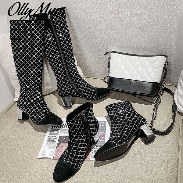 

women boots middle heels 2020 new fashion pointed toe diamond gingham botas mujer side zipper patchwork high heel ankle boots, Black