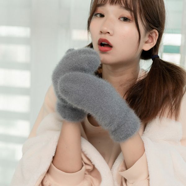 

lovely female winter knit wool thicker cashmere velvet warm black mittens ladies cute fingerless women solid gloves guantes b33, Blue;gray