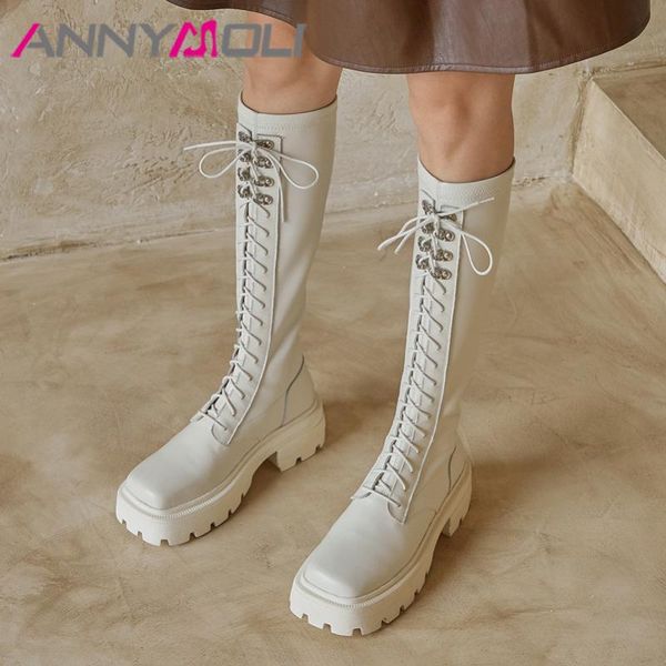 

annymoli women long boots shoes real leather platform high heel motorcycle boots square toe thick heels lace up knee high, Black