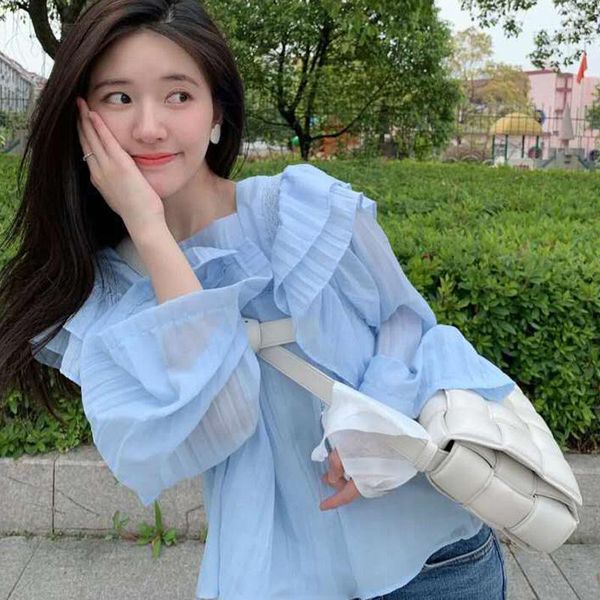 

women and blouse sky blue long sleeve shirt 2020 ruffle lace pleated chiffon blouse fashion korean 1, White