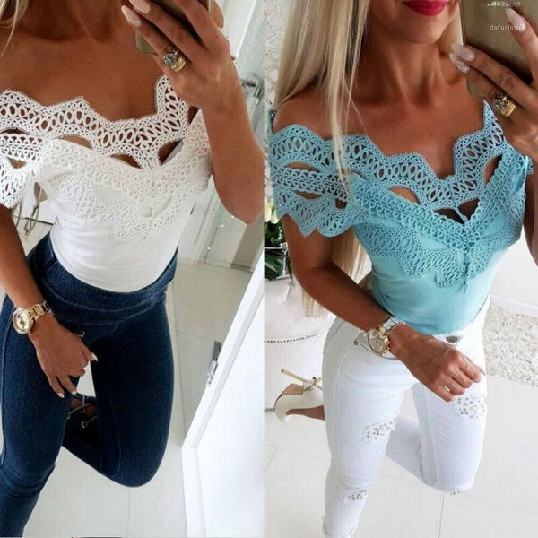 

fashion women solid lace cold shoulder t-shirts off shoulder slash neck tee lace crocket slim t-shirt1, White