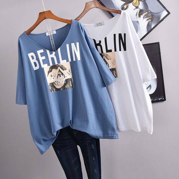 

summer korea fashion women batwing sleeve loose v-neck t-shirt all-matched casual cotton print long tee shirt femme s6861, White