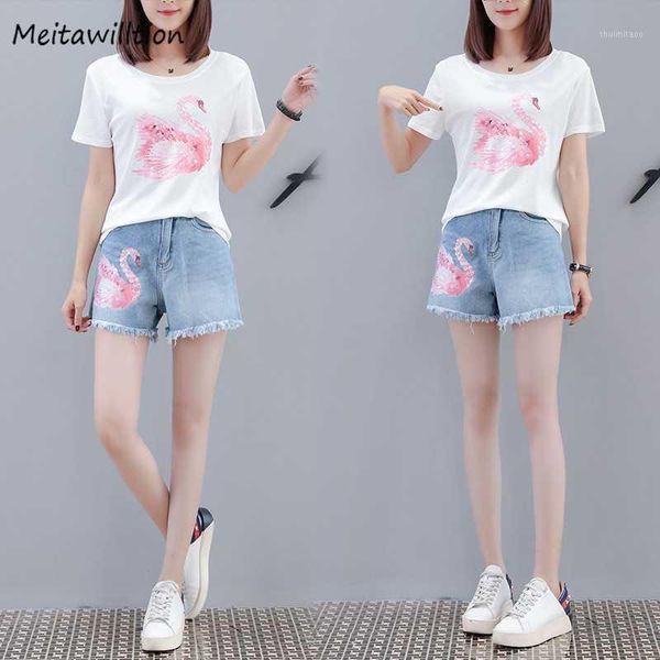 

women floral t shirts+denim shorts suits 2020 summer short sleeve embroidered casual t-shirt korean short pants set1, White