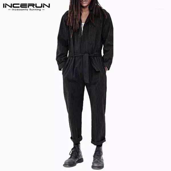 

fashion striped men jumpsuit long sleeve lapel joggers chic streetwear cargo overalls with belt pants casual men rompers incerun1, Black