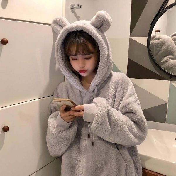 

kawaii women hoodies pullover girl winter loose fluffy bear ear hoodie hooded jacket warm outerwear coat cute sweatshirt girls1, Black