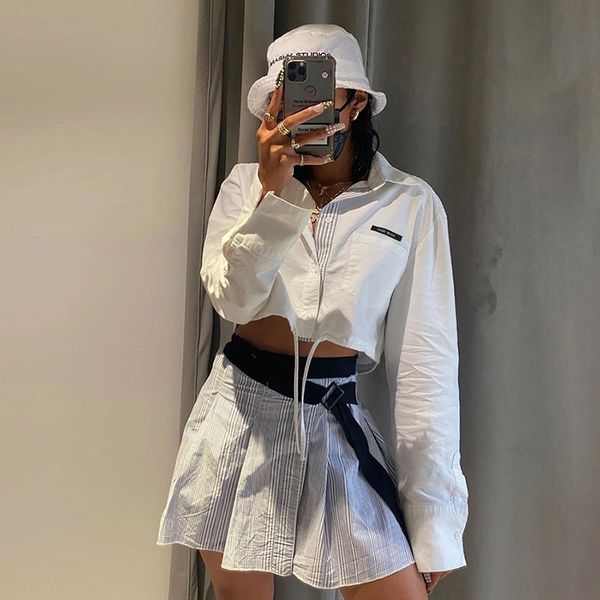 

4oc6h 2020 autumn lapel new cardigan sleeve women's breasted t-shirt long bandage slim fit t-shirt navel versatile open g7ecf, White