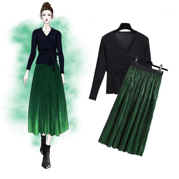 

2020 new arrival fashion autumn suits elegant v-neck sweater +skirt full sleeve casual pullover two pieces women sets ws1061, Gray