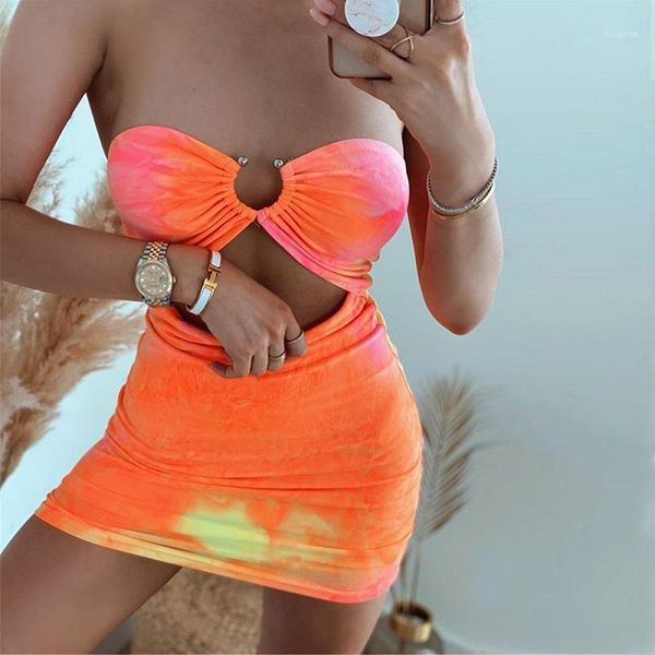 

2020 summer tie-dyed bodycon mini dress strapless print elastic fabric sleeveless high waist fitness party women dress1, Black;gray