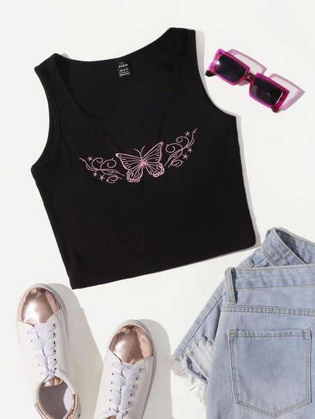 

butterfly embroidered tank q2kv#, White