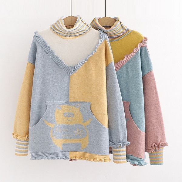 

autumn winter fashion color block loose pocket sweater cute cartoon pig ruffle lanterns sleeve turtleneck pullover women lj201114, White;black