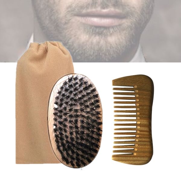 

new 3in1 boar bristle palm brush & wide wood comb cotton bag set travel carry makeup fashion hair care styling tool men beard grooming, Silver
