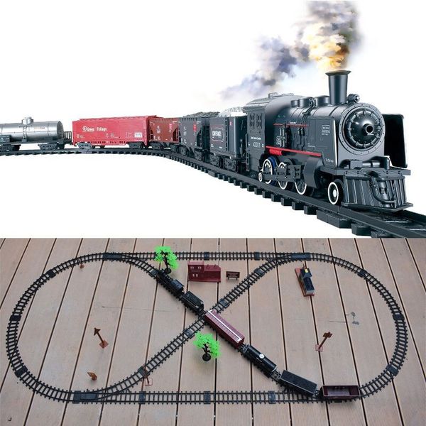 Dampfgleis-Zugsimulation, klassischer elektrischer Triebwagen, Spielzeugtransport, Gebäudezüge, Kinder-LKW, Jungen-Eisenbahn