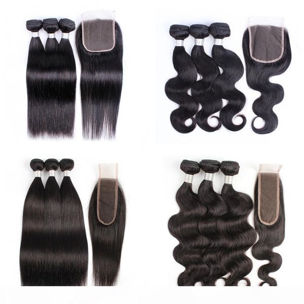 

kiss hair brazilian straight hair 3 bundles with 4x4 2x6 lace closure natural color body wave human hair bundles with closure, Black;brown