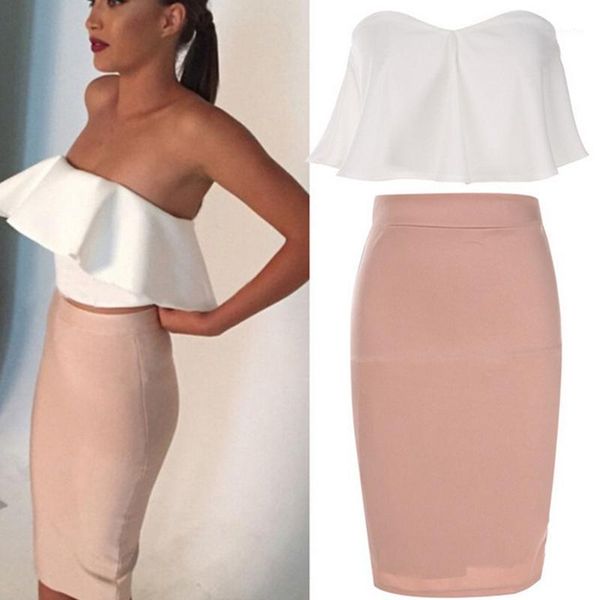 

new 2 piece women dress ruffles + knee length dress ladies club strapless women summer dresses vestido1, Black;gray