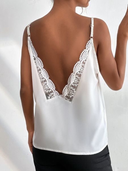 

v back lace trim cami f67y#, White