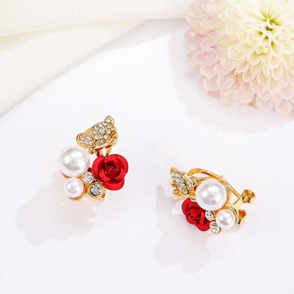 

stud 1 pair red rose flower imitation pearl plated butterfly crystal earring metal gold for women 2021 trend fashion jewelry, Golden;silver
