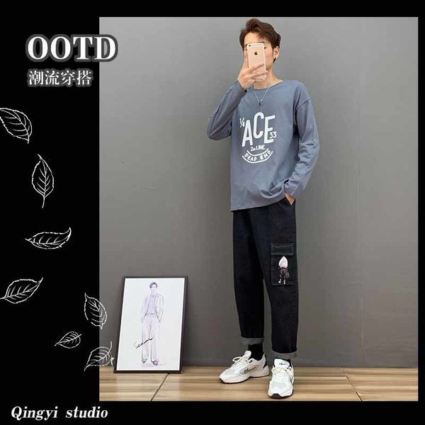 

suit men's long sleeve t-shirt 2020 spring and autumn new loose clothes korean fashion bottom coat