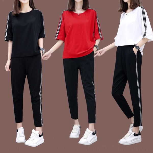 

i8j2m summer new two-pie large size and t-shirt trousers fashion trousers women's casual sports suit short sleeve t-shirt ankle-length, Gray