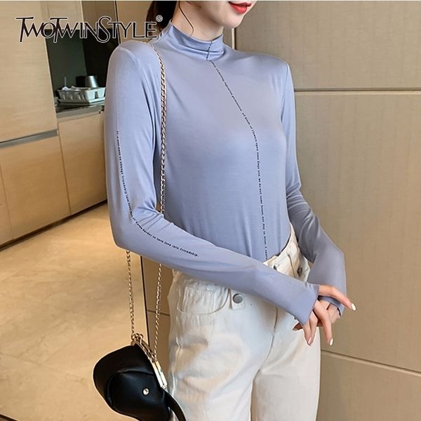 

twotwinstyle printed letter t-shirt for women long sleeve t-shirt basic fashion black t-shirts for girls plus size autumn new 201028, White