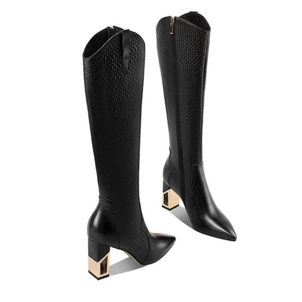 

pointed toe high heel knee boots gold square heel winiter party shoes women short plush long boots, Black