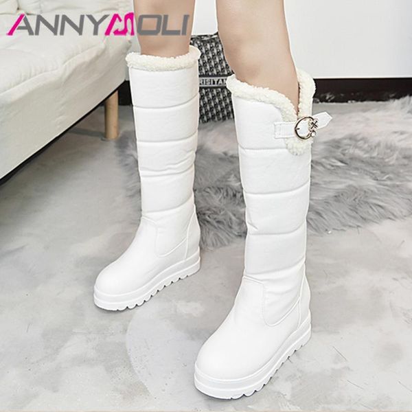 

annymoli snow boots женщина плоская платформа колено высокие сапоги пряжка круглый toe длинные женские ботинки мех теплая зима белый размер, Black