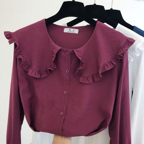 

2021 early autumn woman blouses new korean style doll collar chiffon shirt women's design long sleeve blusa lady's shirts1, White