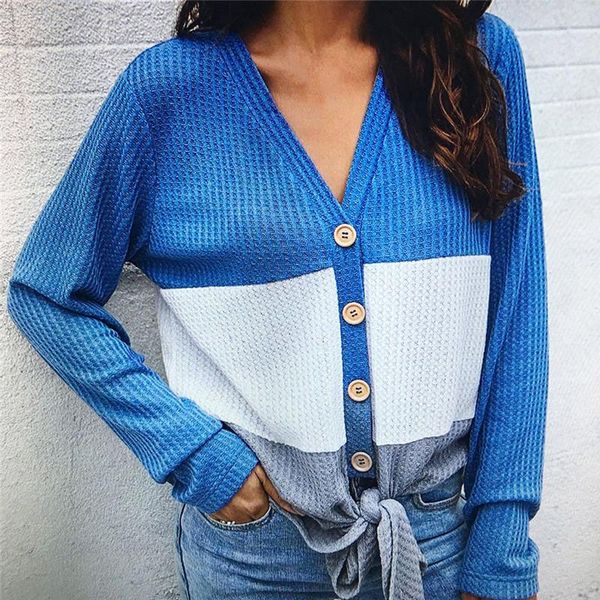 

womens long sleeves knitted blouse twist tie knot casual loose button down color block patchwork v-neck sweater shirts, White