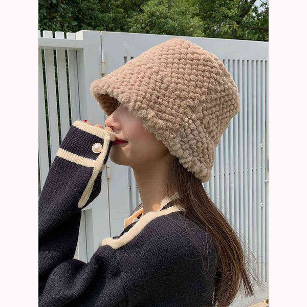 

womens felt hat faux fur winter bucket hat for women girl solid thickened soft warm fishing cap foldable cap lady w220222, Blue;gray