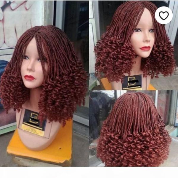 

synthetic lace front wig 20inch braided box braids wig for woman burgundy color curly end baby hair high temperature fiber, Black
