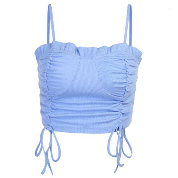 

women spaghetti strap ruffles crop pleated drawstring ribbed camis vest1, White