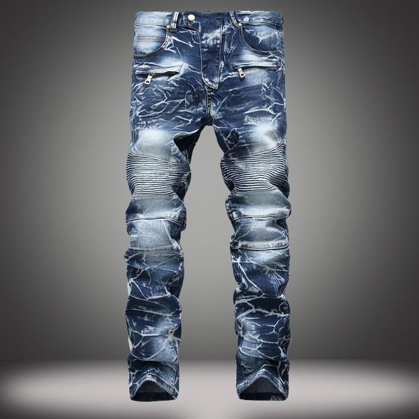 

european and american jeans men's foreign trade nostalgia locomotive jeans straight trendy men's personality trousers, Blue