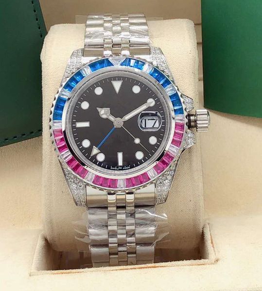 

gmt rainbow diamond ring stainless steel men's fashion mechanical watch, Slivery;brown