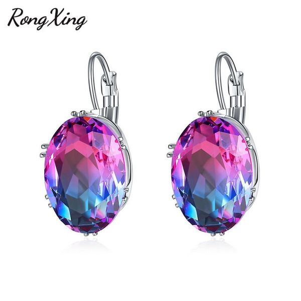 

charm rongxing mystic rainbow fire zircon big oval stone hoop earrings for women 925 silver filled multicolor crystal earring jewelry, Golden