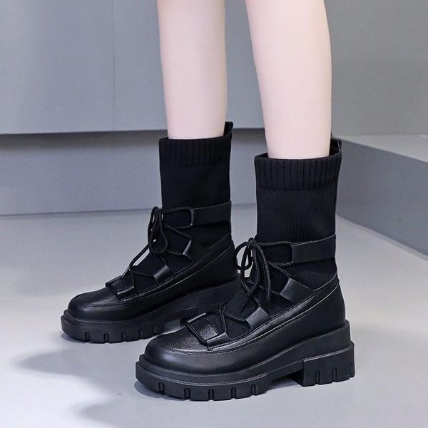 

women's knitting elastic sock boots 2021 new fashion women high heel boots woman stretch shoes ankle lace-up 2021, Black