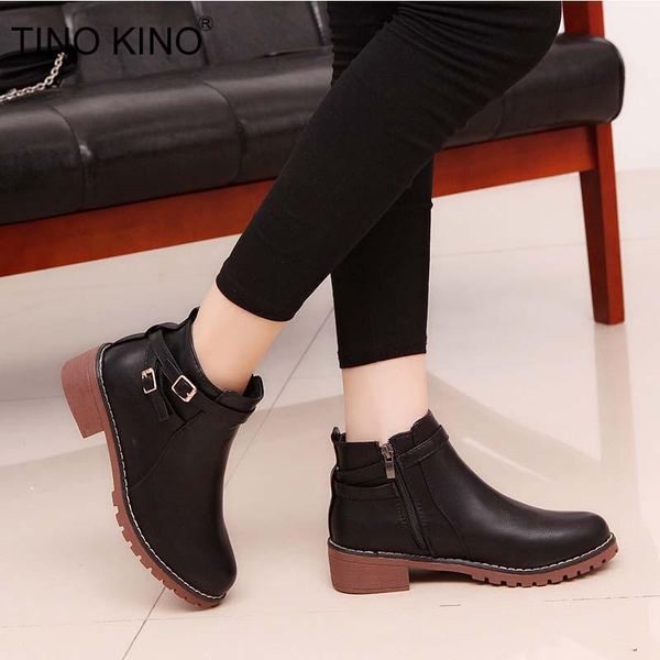 

boots women ankle ladies shoes pu leather non slip zipper footwear solid sewing on warm plush autumn winter 1, Black