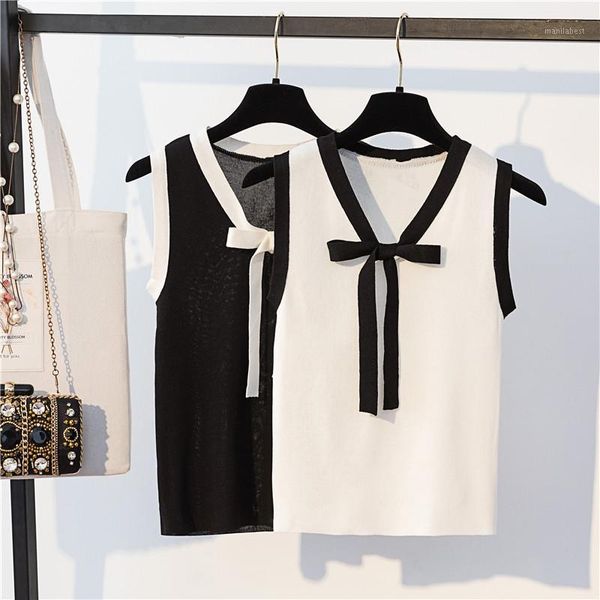 

new women vintage sweater summer sleeveless v neck pull knitted ladies patchwork color bandage bow black sweaters1, White;black