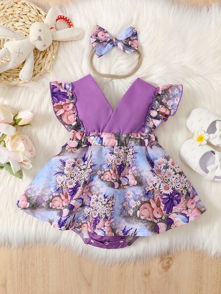 

baby rabbit & floral print ruffle trim dress with headband she, Red;yellow