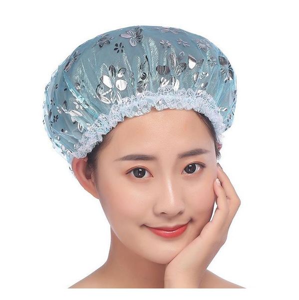 

double layer stamping shower cap waterproof elastic band bath cap resuable hair caps hat makeup hair cover shower caps 5w9ce