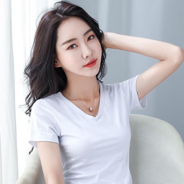 

2020 summer t-shirt women v-neck 5 candy color cotton basic plain simple t shirt for women short sleeve female, White