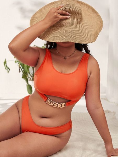 

plus chain linked cut-out bikini swimsuit r5zz#, Black