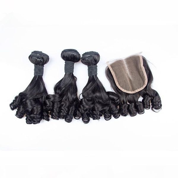 

virgin brazilian aunty funmi human hair weaves with 4x4 lace closure 4pcs lot romance curls funmi hair 3bundles with closure middle part, Black