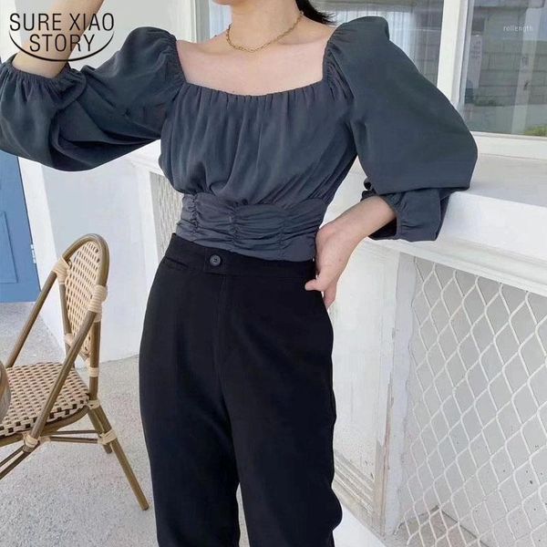 

2020 autumn new korean retro puff sleeve women's shirt square collar female long sleeve women's blouse 125611, White