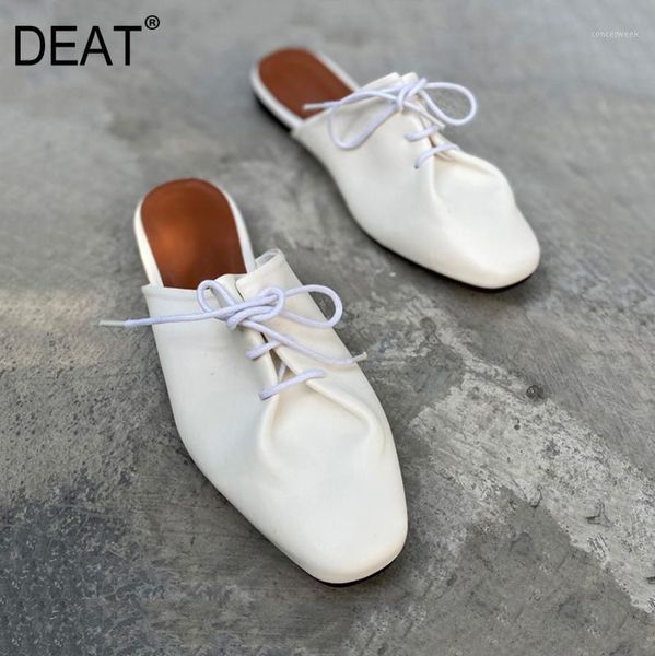 

slippers [deat] 2021 spring summer square toe shallow bandage soft leather outside flat women shoes fashion tide 10g0601, Black