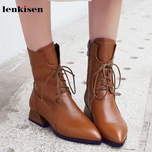 

boots lenkisen genuine leather mature fashion lace up med heels pointed toe solid leisure winter keep warm women mid-calf l51, Black