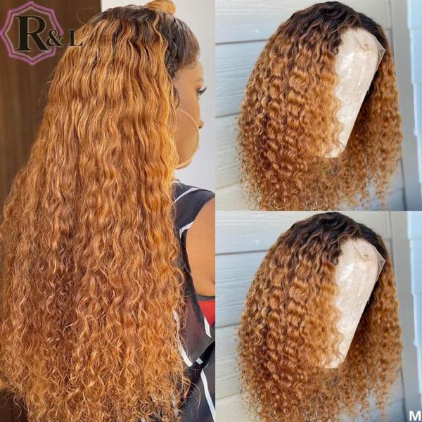 

lace wigs rulinda ombre curly front human hair pre plucked highlight t-part brazilian remy 180% density, Black;brown