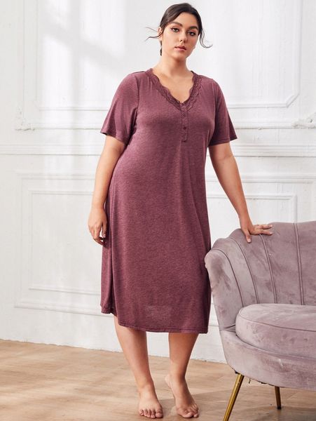 

plus v-neck lace detail solid nightdress w76z#, Black;white