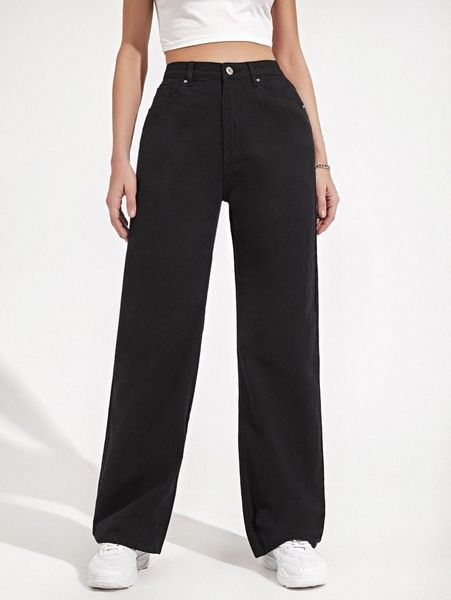 

high waist slant pocket straight jeans u9gb#, Blue